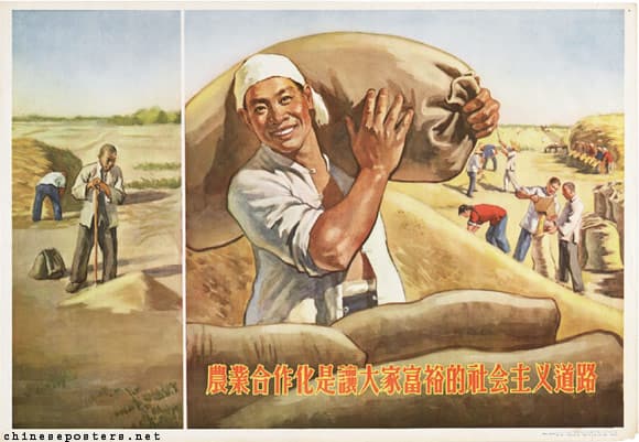 Cette image représente un paysan chinois souriant portant un sac de graines.